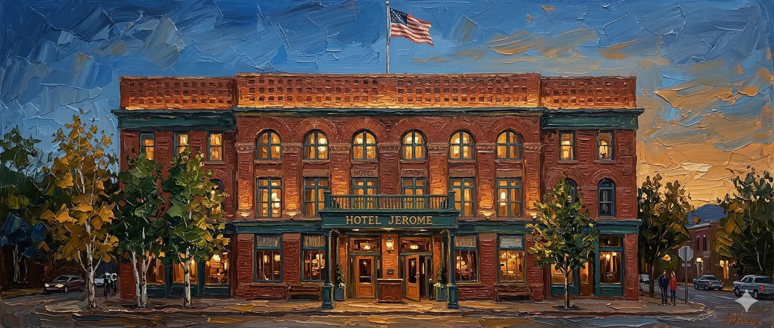 Hotel Jerome facade at dusk